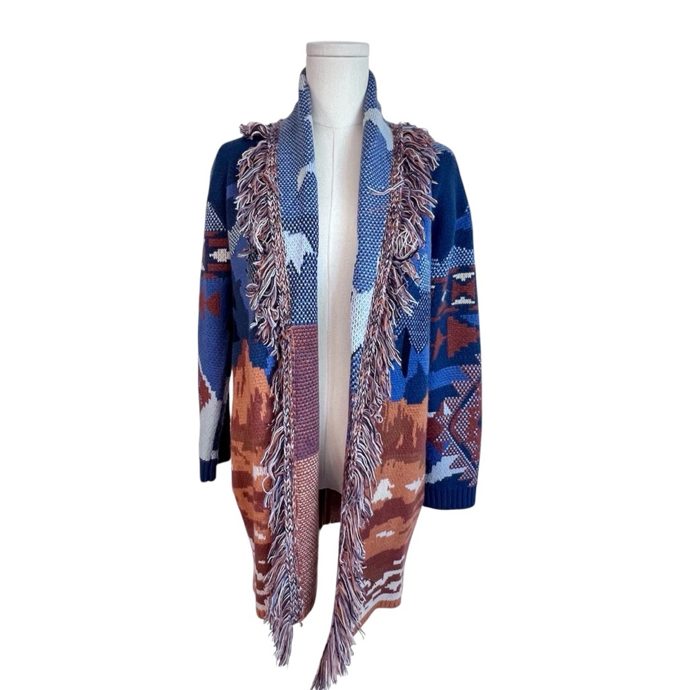 Reba Blanket Knit Open Front Cardigan‎ W/Fringe Southwest Aztec Print Women's S